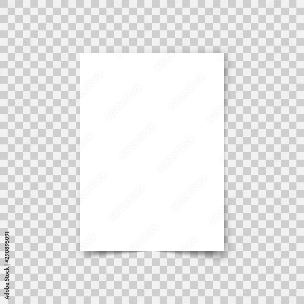 Vector sheet paper A4 format with shadows. White realistic blank paper page. Mock up design leaflet or banner template on transparent background. - obrazy, fototapety, plakaty 