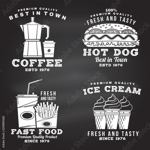 Set of fast food retro badge design on the chalkboard. Vintage design with hod dog, coffee, ice cream, french fries for pub or fast food business. Template for packaging and menu