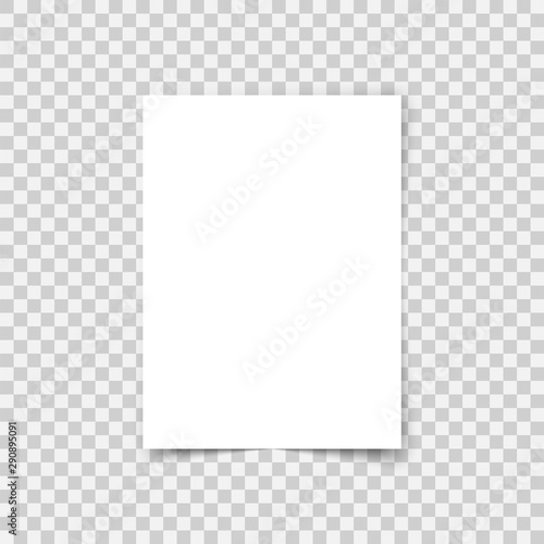 Vector sheet paper A4 format with shadows. White realistic blank paper page. Mock up design leaflet or banner template on transparent background. photo