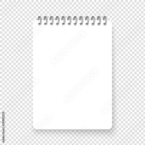 Vertical realistic spiral notepad with shadow. Clean realistic note sqarred page. Blank vector notebook on transparent background. Top view.