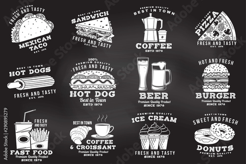 Set of fast food badge on the chalkboard. Vintage design with hotdog, burger, pizza for cafe, restaurant, pub or fast food business. Template for restaurant identity objects, packaging and menu