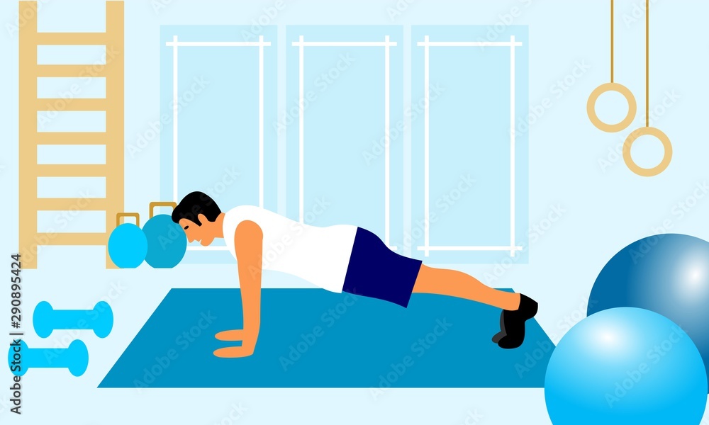 Young sporty man doing exercises in gym. Man exercising training. People vector illustration.