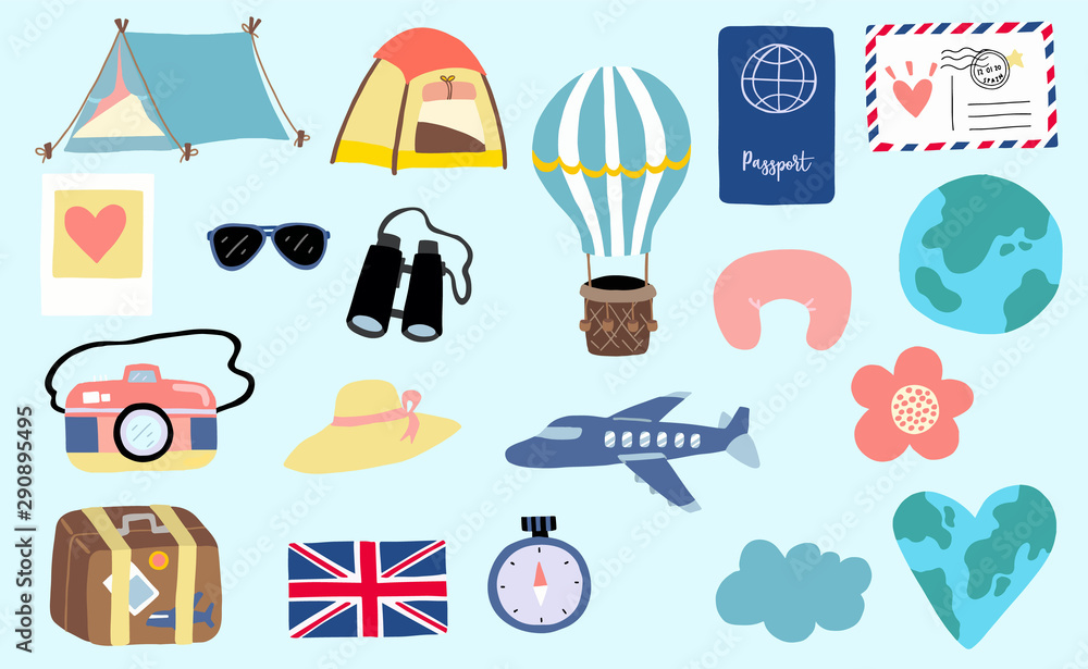 cute travel collection with luggage plane world balloon camera airmail illustration for icon logo sticker printable stock vector adobe stock