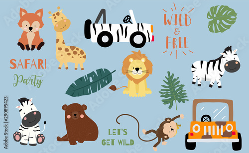 Photography Safari object set with fox,giraffe,zebra,lion,leaves,car