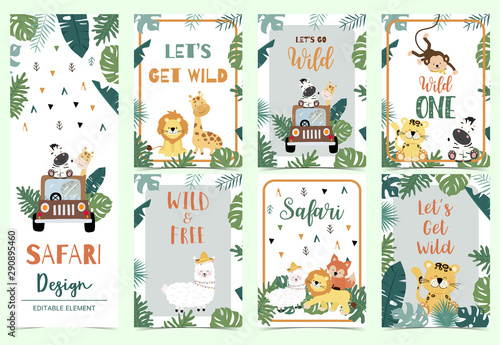 Green,gold collection of safari background set with lion,monkey,giraffe,zebra,geometric vector illustration for birthday invitation,postcard,logo and sticker.Wording include wild one,wild and free