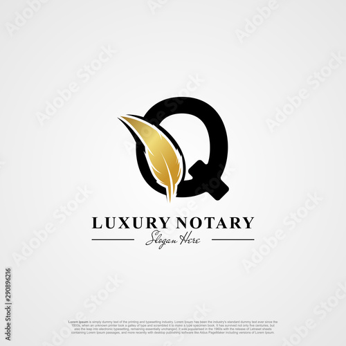 Letter Q Initial logo with Feather Luxury gold.