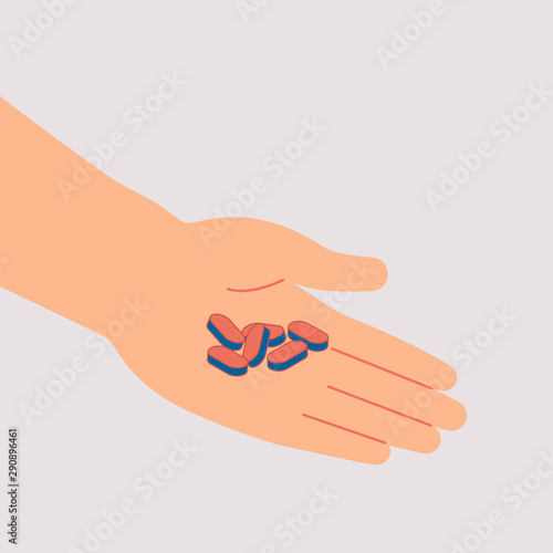 Human hand holds pile of pills and tablets isolated from background. Concept of medication treating illness or disorder. Cartoon flat vector illustration.