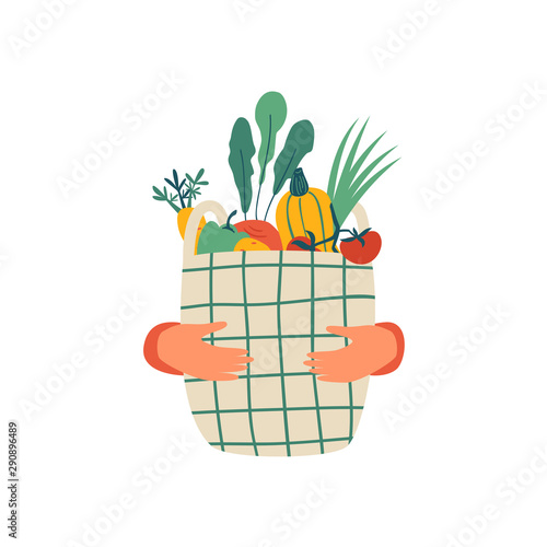 Human hands hold Eco basket full of vegetables isolated on white background. Eco-friendly shopper with fresh organic food from local market. Vector illustration in flat cartoon style.