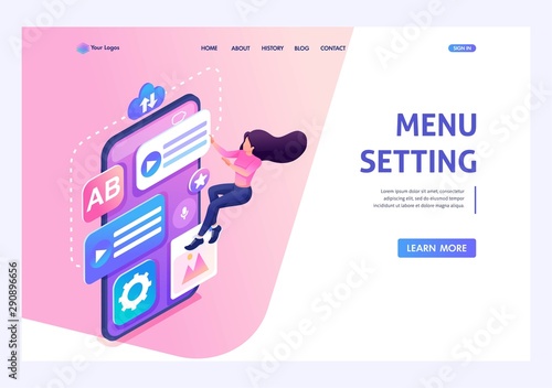 Young girl is easily engaged in Setting up the menu on her smartphone. Concept of interface settings. 3d isometric. Landing page concepts and web design