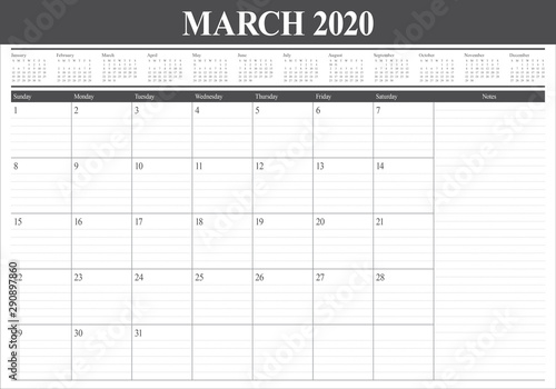March 2020 desk calendar vector illustration