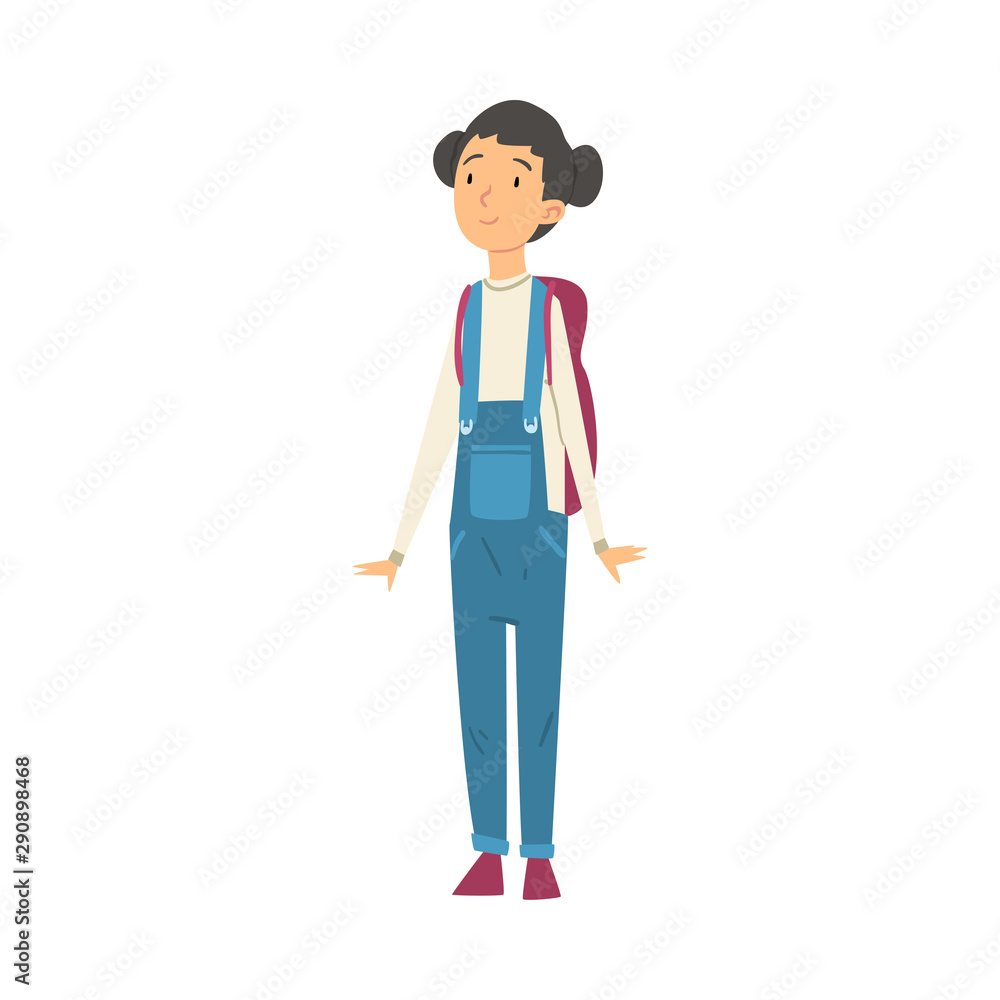 Cute Girl in Denim Overalls Standing with Backpack Vector Illustration Cute Girl in Denim Overalls Standing with Backpack Vector Illustration