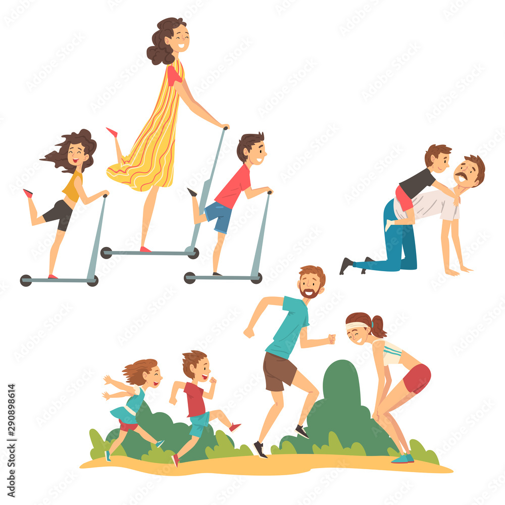 Happy Families Walking in the Park Set, Father, Mother, Daughter and Son Having Good Time Together, Riding Kick Scooter Vector Illustration