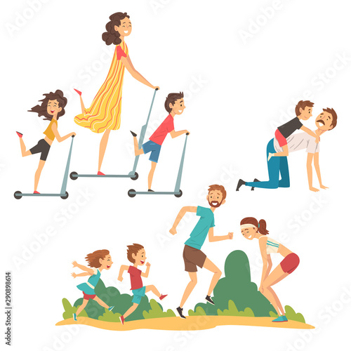Happy Families Walking in the Park Set  Father  Mother  Daughter and Son Having Good Time Together  Riding Kick Scooter Vector Illustration