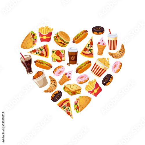 Fast Food Banner Template with Tasty Unhealthy Dishes Seamless Pattern in Heart Shape Vector Illustration