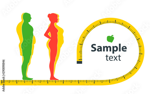 Weight loss concept. The influence of diet on the weight of the person. Man and woman before and after diet and fitness. Blank space for your content, template.