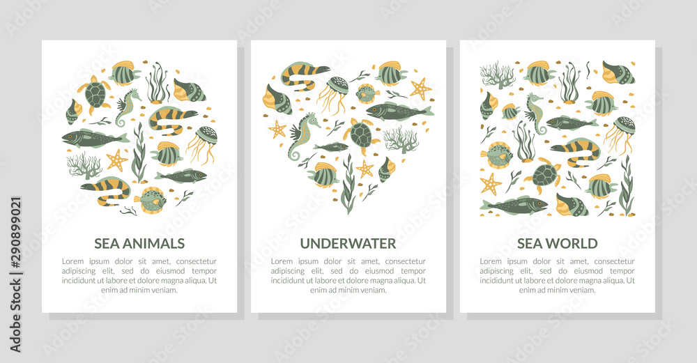 Sea World Banner Templates Set with Underwater Creatures and Space for Text Vector Illustration