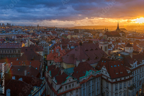 Aerial view on the center of Prague at sunset