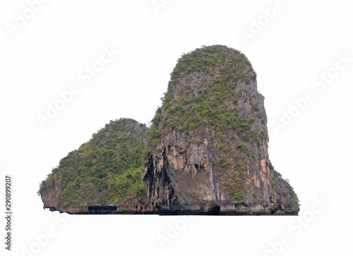 The tree mountain on the island isolated on white background.The mountain have shape tall and have green tree many cover.There is a cave below.At krabee Thailand.