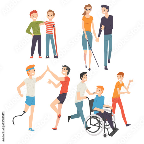Active Disabled People Training, Walking and Spending Good Time with Their Friends Set, Friendship and Support, People Enjoying Full Life Vector Illustration