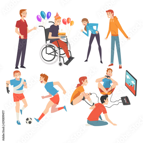 Active Disabled People Training, Celebrating Party, Spending Good Time with Their Friends Set, Friendship and Support, People Enjoying Full Life Vector Illustration
