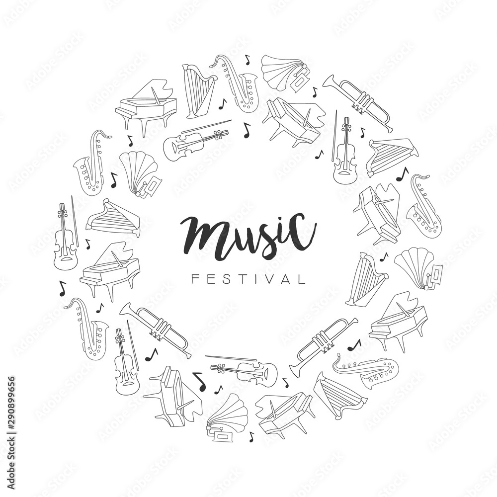 Music Festival Round Frame, Hand Drawn Musical Instruments Border Template, Classical Music Live Concert Vector Illustration