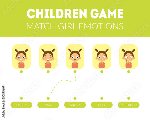 Match Girl Emotions Educational Game for Preschool Kids Template Vector Illustration