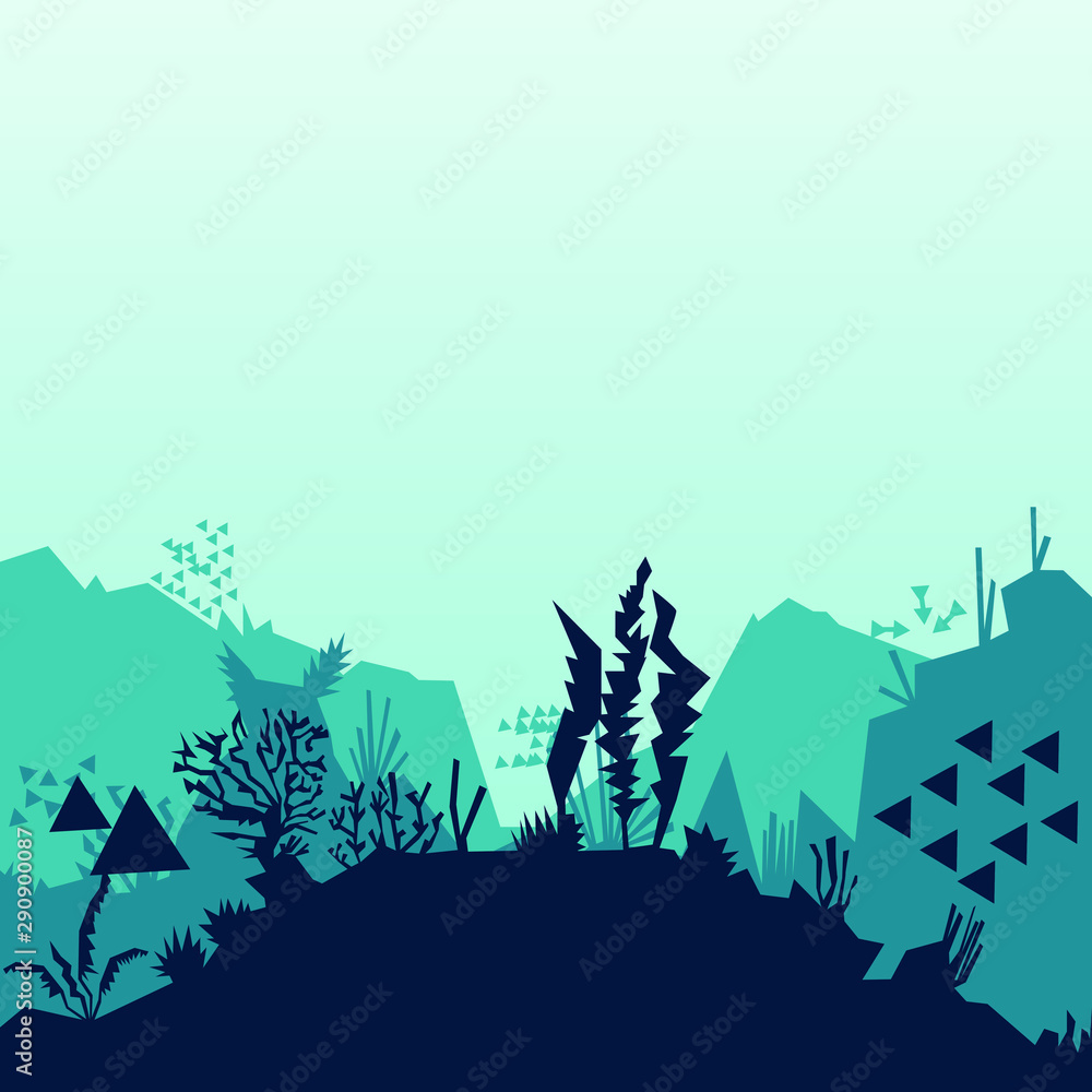 Geometric silhouette of fish and algae on a reef background. Abstract underwater ocean scene. Deep blue water, coral reef and underwater plants. beautiful underwater scene; Ocean concept made of line