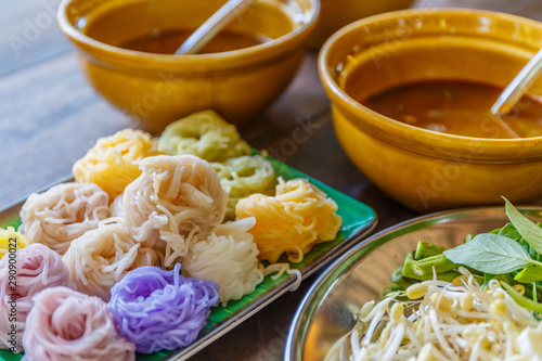 Rice Noodle in small basket with side dish, Asian Meal