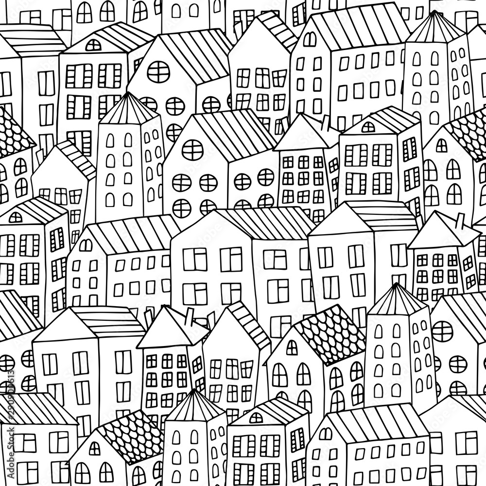 Cartoon hand drawing city houses seamless pattern. Black and white  repeating background for coloring. Doodle houses. Stock Vector | Adobe Stock