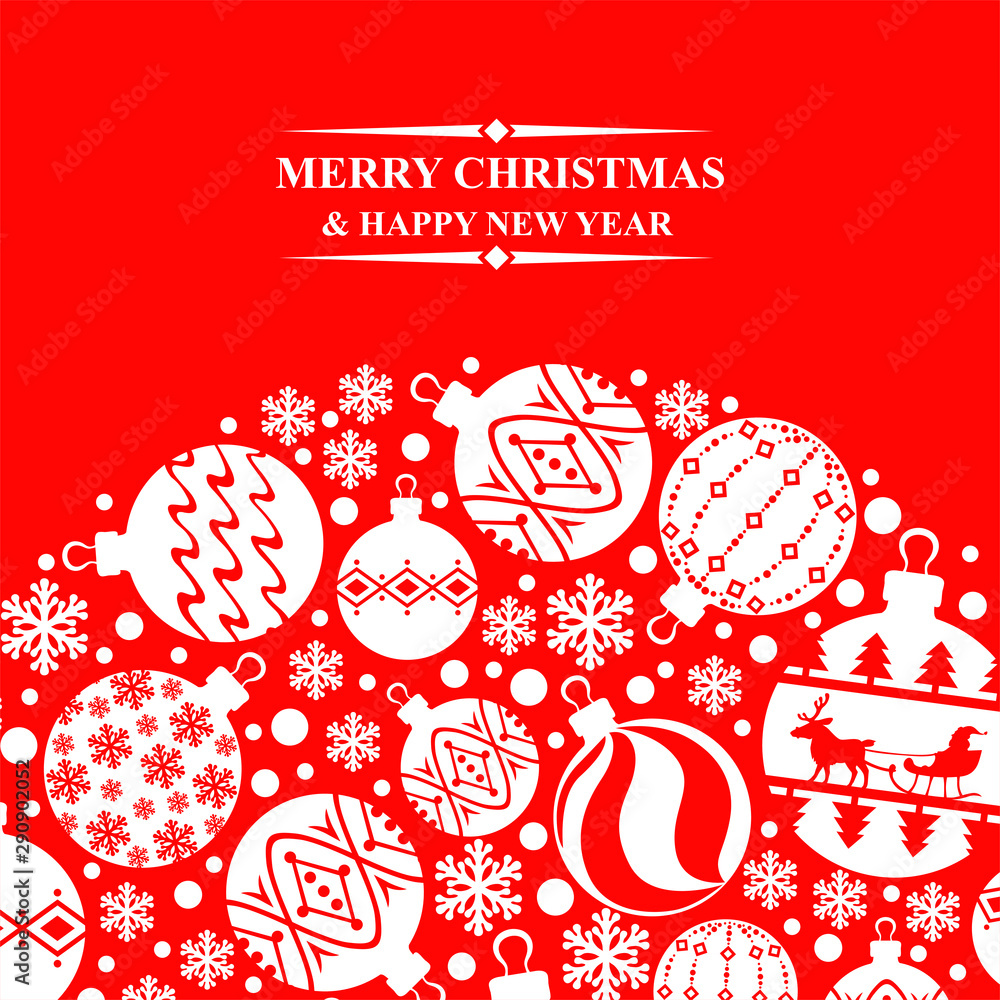 Vector illustrations of Christmas greeting card with baubles on red background