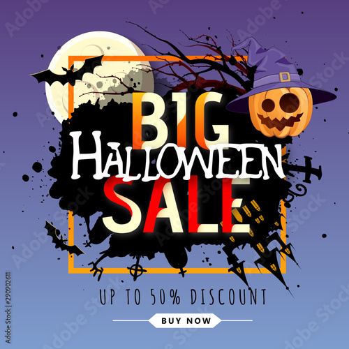 Halloween big sale poster with jack o lantern pumpkin and full moon. Halloween background