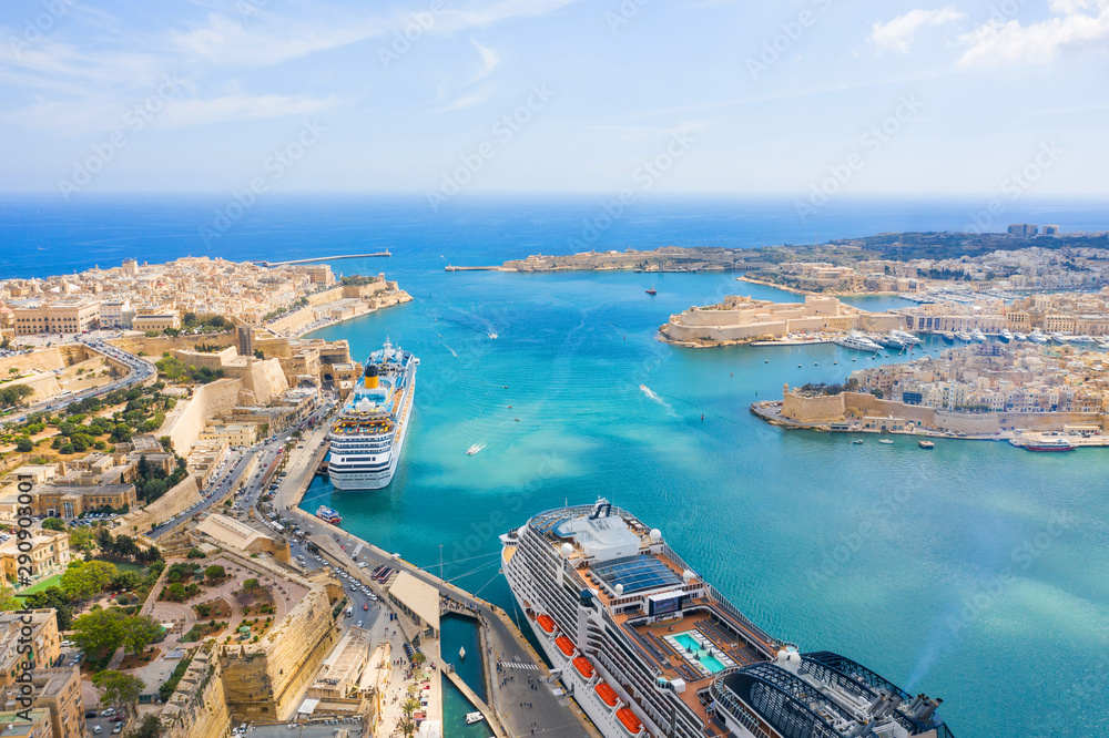 Aerial view of great bay with a cruise liner ship in Valletta city, Malta.