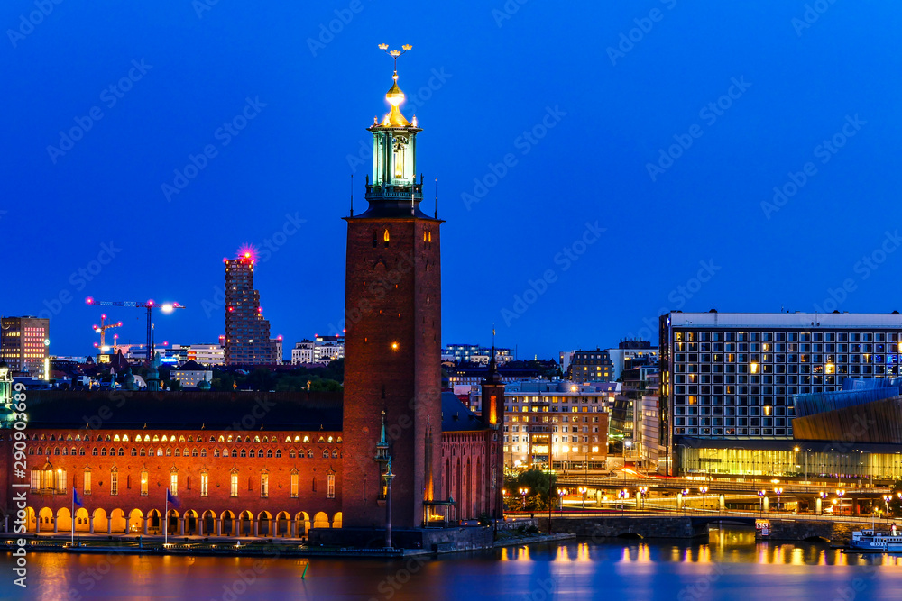 Stockholm, Sweden The city skyline at dawn over Riddarfjarden and the Stockholm City Hall.