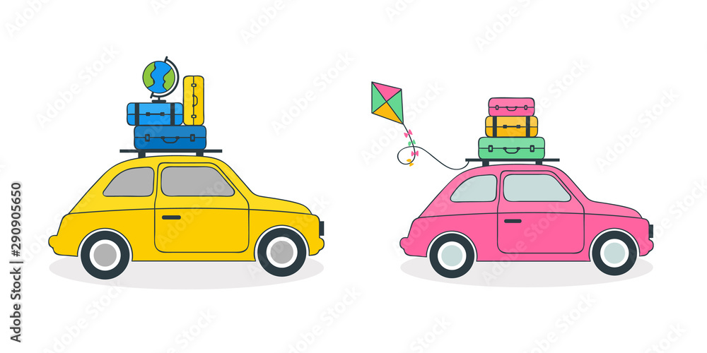 Traveling by car with a luggage bags on the roof. Flat style vector illustration isolated on white background. 