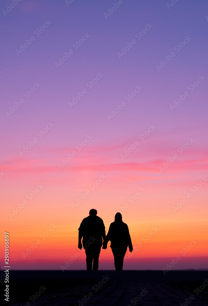 silhouette of man and woman walk holding hands in colorful sunset - obrazy, fototapety, plakaty 