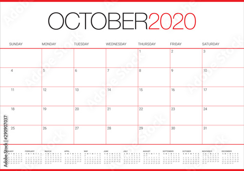 October 2020 desk calendar vector illustration