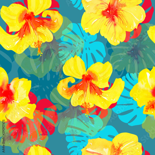 watercolor tropical print. hibiscus flowers and monstera leaves on a blue background. Seamless floral pattern. © AineGing