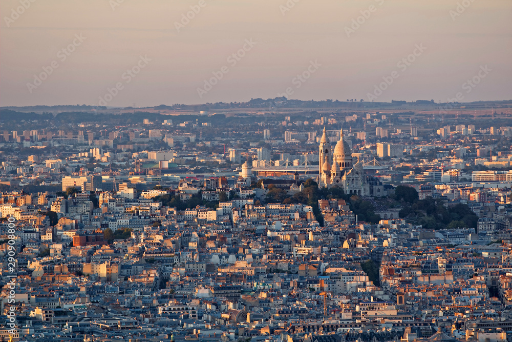 Aerial view of Montmartre with Sacre-Coeur Basilica in Paris, France
