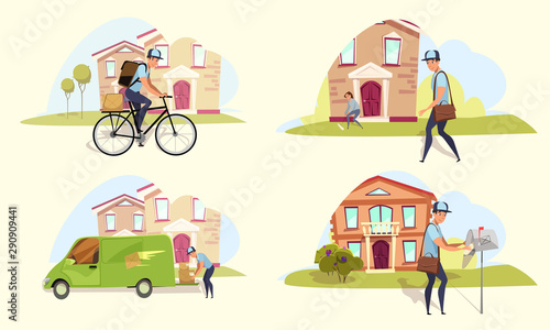 Postman work flat vector illustrations set