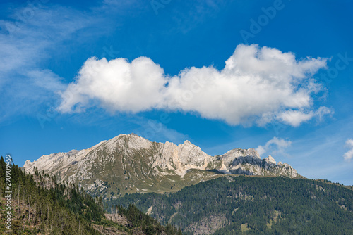 Mountain range of the Latemar (2846 m), Italian Alps, Dolomites, UNESCO world heritage site, photographed from the Predazzo village, Val di Fiemme, Trentino Alto Adige, Italy, south Europe