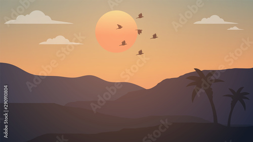 Beautiful Beach landscape at sundown with birds Vector