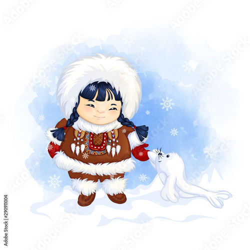 Cute eskimo girl in national dress greets a small white seal. Friendship. Vector children's cartoon character on a watercolor background.