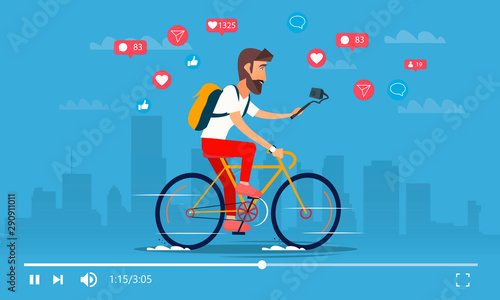Man raid on bicycles video blogs. Active bloggers character. Vector cartoon illustration EPS10