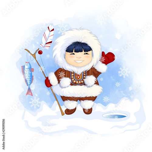 Cute Eskimo boy holds a fishing rod with a caught fish and waves his hand in greeting. Vector cartoon character on a winter watercolor background.