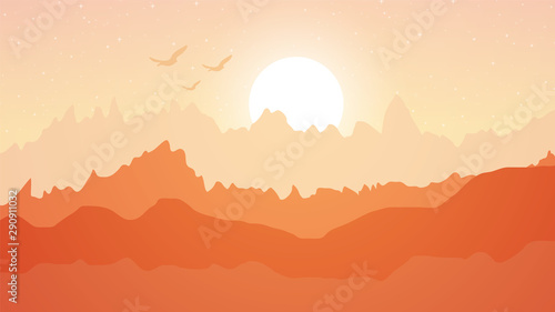 Beautiful mountain chain landscape at sunrise With flying bird Vector