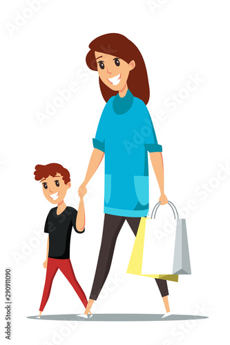 Mom with son on shopping flat vector illustration