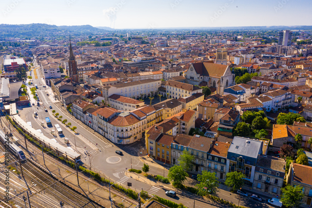 Panoramic view from the drone on the city Agen. France