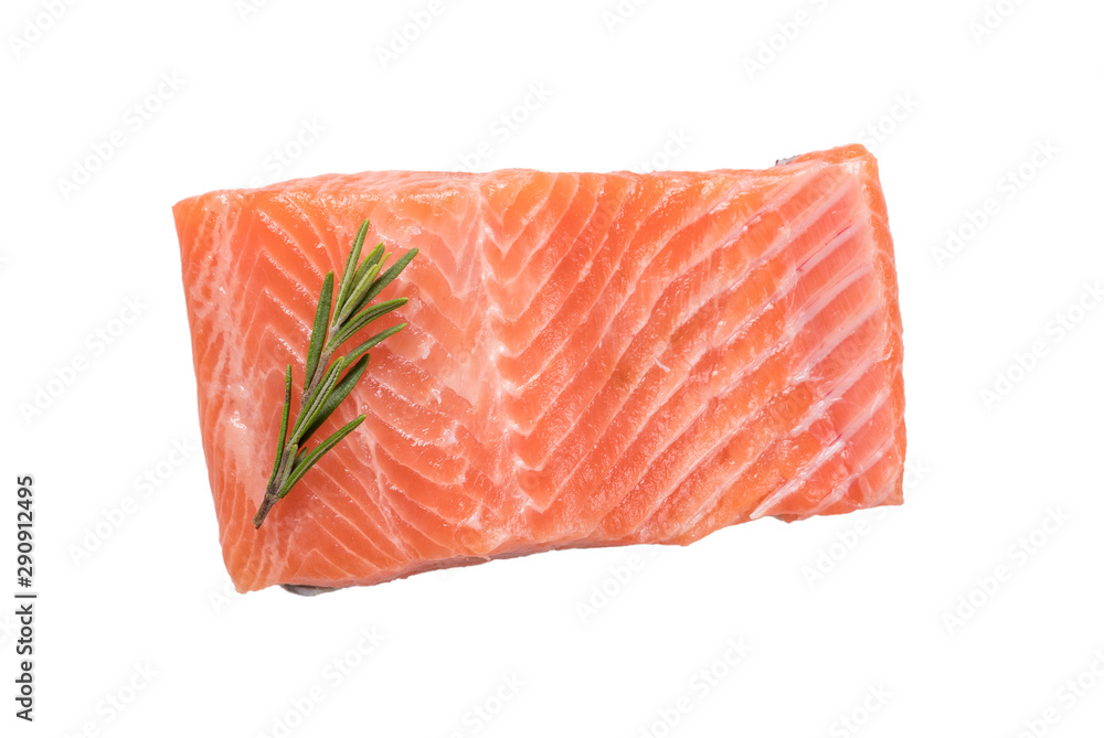 Raw salmon fillet on a white background. Trout fillet with rosemary. Wild atlantic fish Raw salmon fillet on a white background. Trout fillet with rosemary. Wild atlantic fish