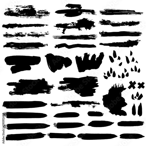 Brush set. Different types of brush strokes. Isolated design elements. Vector illustration. Ink painting.