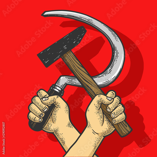 Hand with hammer and sickle on red background sketch engraving vector illustration. Soviet Union proletarian solidarity symbol. Tee shirt apparel print design.